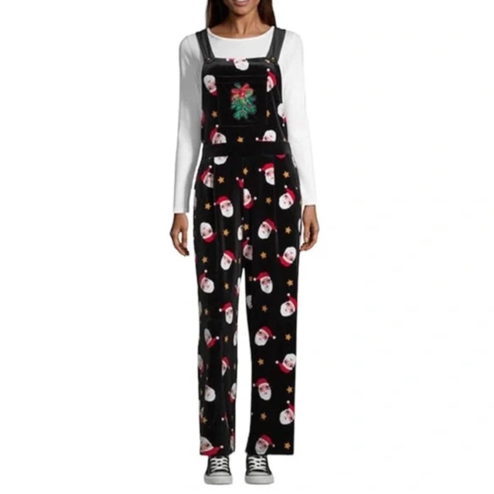 NWT Eyeshadow Christmas Black Velvet Wide Leg Santa Bib Overalls Jumpsuit Size M